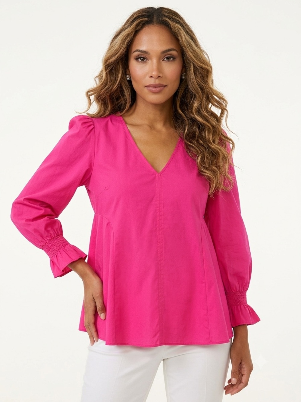 Tuckernuck Pomander Place Easton Blouse Size XS Smocked Cuff V-Neck in Pink NWOT